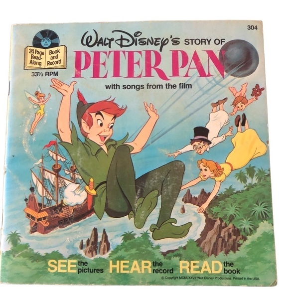 VTG 70’s Walt Disney’s Peter Pan Book Record Songs From Film See Hear Read Kids - Picture 1 of 8